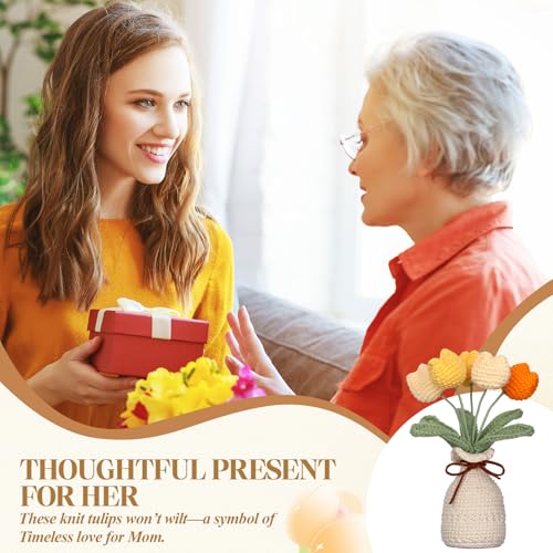 Marsui Crochet Knitting Tulip Bouquet with Vase 7" Knitted Artificial Forever Tulip Handmade Woven Flower with Exquisite Pot Gift for Father's Gifts Back to School Gift Family Home Desk Decor(Yellow) - color: Yellow, style: Tulip