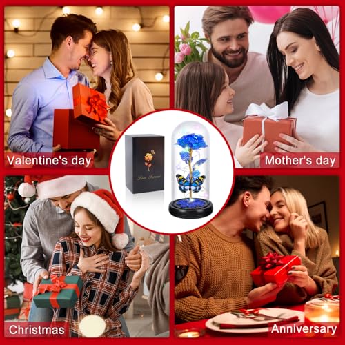 Mothers Day Rose Gifts for Mom Birthday Gift for Women, Rechargeable Galaxy Glass Rose in Glass Dome Crystal Eternal Roses Butterfly Mother's Day Flowers Gifts for Women Mom Wife Grandma Daughter Blue - color: USB-C Blue