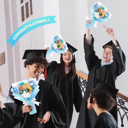 Graduation Crochet Flower Bouquet Set Includes Bear Knitted Tulips Forget-me-nots Lily of the Valley Greeting Card Gift Bag 2026 Blue Flower Bouquet Graduation Gift - color: Blue, style: Knitted Bear and Tulip
