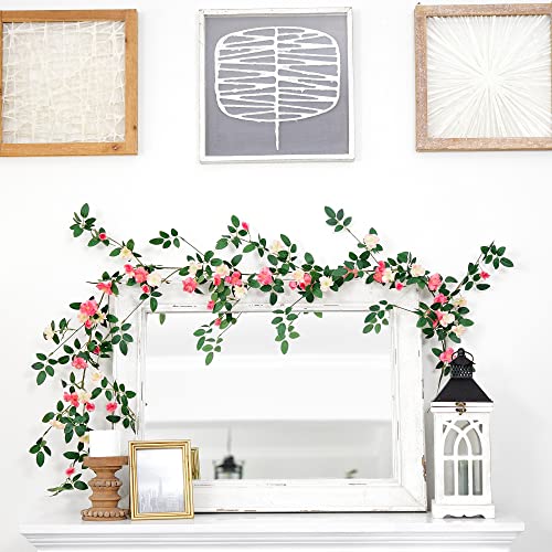 FiveSeasonStuff Pink Wild Rose Vine Garland, Two Faux Silk Floral Garlands with Greenery, Bendable Decorative Vines 12 ft Total - color: Pink