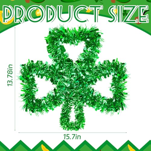 15.7 Inch St Patricks Day Shamrock Wreath for Front Door Shamrock Iron Wire Tinsel Wreath Lucky Clover Garland Hanging Ornaments for Irish Holiday Wall Window Party Decor - color: Shamrock
