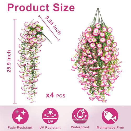 Artificial Hanging Flowers for Outdoor, 4Pcs UV Resistant Faux Morning Glory Flower Spring Summer Decroation, No Fade Fake Flower Trailing Vine for Porch Patio Balcony Yard Garden (Pink) - color: Pink