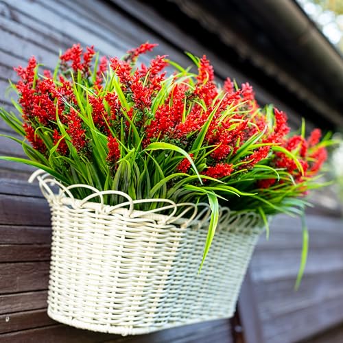 AXYLEX Artificial Flowers for Outdoors Plants - 20 Bundles Fake Lavender Plastic Faux Monkey Grass UV Resistant for Home Decorations (20, Red) - color: Red