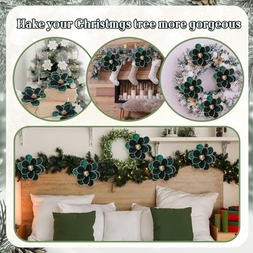 18 Pcs Large Velvet Christmas Poinsettia Magnolia Flowers Ornaments Glitter Big Heads Artificial Magnolia Flowers for Decoration Wedding Decor Supplies(Dark Green) - color: Dark Green