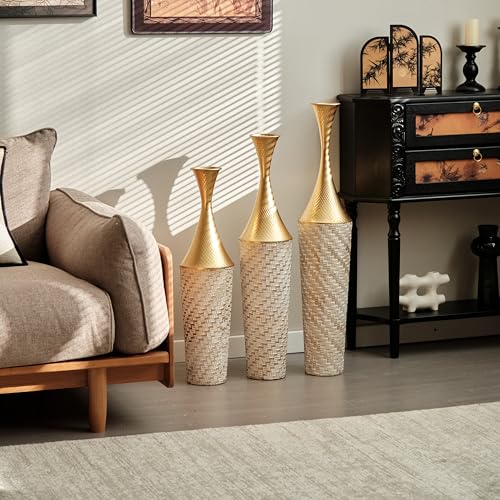 White Golden Floor Vase - Set of 3 Modern Extra Big Tall Vases (35.4/31.5/27.5in) with Minimalist Ribbed Design, Perfect for Pampas Grass, Living Room, Dining Room, Hallway & Office Decor - color: Floor Vases Champagne