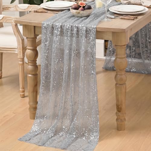 Artoid Mode Grey Gold Gauze Table Runner 120 Inch 10FT, Glitter Metallic Foil Sheer Dining Wedding Anniversary Holiday Birthday Table Decor for Home Party - color: Grey, size: 28" x 120"