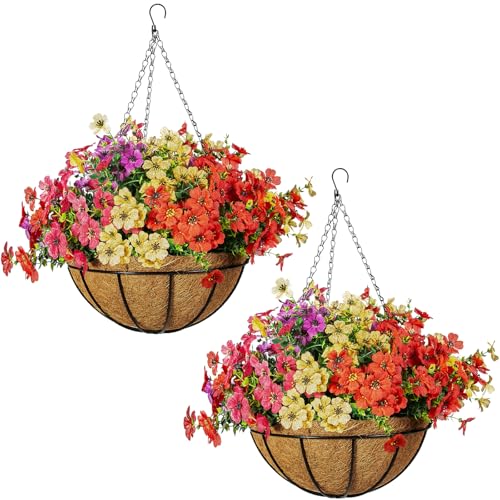 2 Set Artificial Flowers for Outdoors with Hanging Basket 24 Pcs Fake Silk Flowers Hanging Planters for Outdoor Plants Faux Hanging Plants for Outdoor Patio Decor Garden Decor (Y,R,P,R)