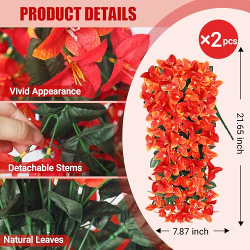Faux Bougainvillea Artificial Fall Flowers for Outdoors, 2 Pcs Fake Fall Flowers Artificial for Decoration, Artificial Hanging Flowers UV Resistant Silk Flowers for Outside Planter Porch Patio