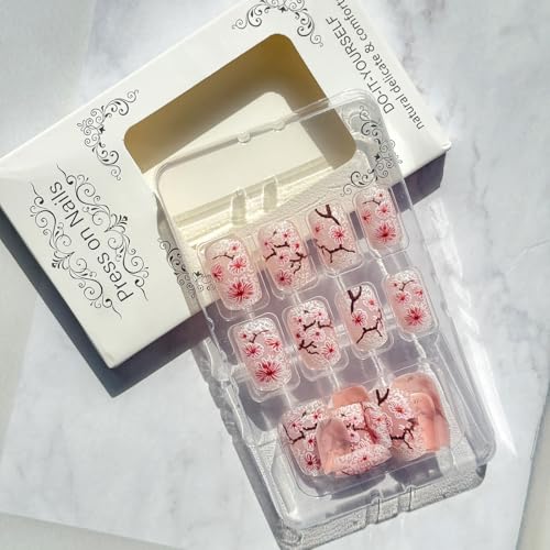 24Pcs Pink Flower Press on Nails Short Square Fake Nails Cherry Blossom False Nails with White Snowflake Design Full Cover Artificial Glue on Nails Spring Stick on Nails Cute Nail Supplies for Women