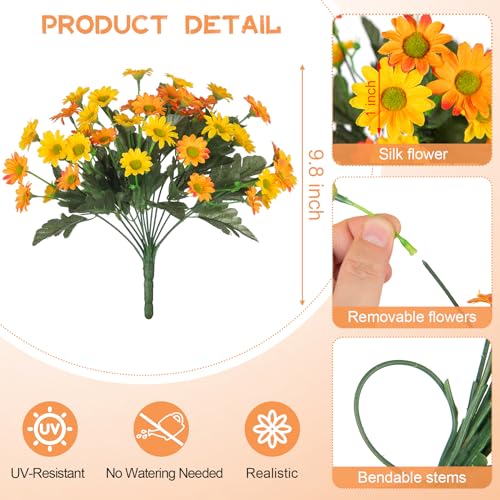Fake Mums Fall Artificial Flowers for Outdoor Decoration, 6 Bundles Faux Silk Daisy Flowers Realistic UV Resistant No Fade Fall Fake Plants for Home Patio Porch Garden Window Box Decor(Yellow Orange) - color: Yellow Orange