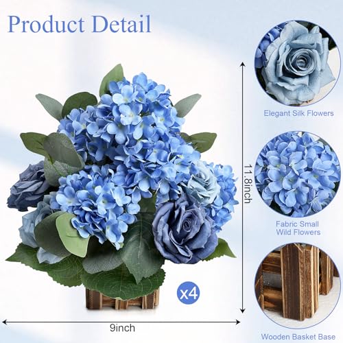 11.8’’ Tall Free Standing Artificial Flowers, 4Pcs Artificial Flowers Arrangement with Basket, Dusty Blue Rose Hydrangea Decorations for Wedding Archway Aisle Welcome Entrance Table - color: Dusty Blue