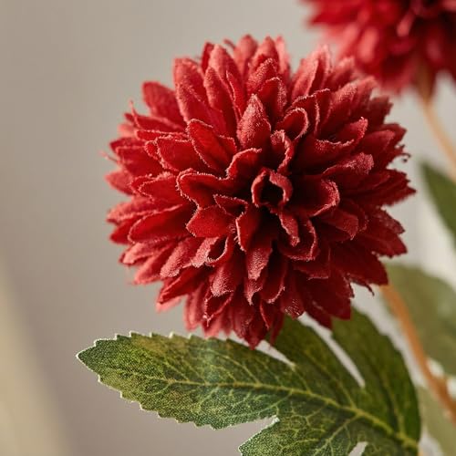 Mandy's 6 Stems Silk Red Kiku Ball Flowers | Artificial Chrysanthemum Stems for Home Summer Décor Realistic Faux Floral Arrangement Minimalist Elegant Style - color: Red