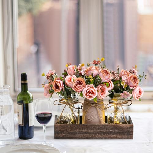 3 Pcs Mason Jar Centerpiece Table Decorations for Dining Table Decor Farmhouse Coffee Table Decor with Wood Tray and Led Light Table Centerpieces for Dining Room Kitchen Living Bathroom,Pink - color: Pink