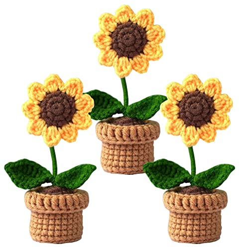 JOONOR 3PCS Mini Crochet Sunflower Potted Plant,Knitted Fake Sunflower for Bathroom Home Kitchen Rustic Table Centerpiece Shelf Decor - color: Color#4