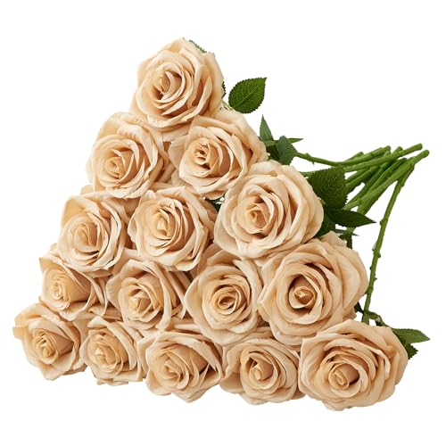 15pcs Fake Roses Artificial Silk Flowers Faux Rose Flower Long Stems Bouquet for Arrangement Wedding Centerpiece Party Home Kitchen Decor - color: 15pcs Beige