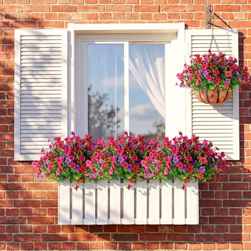 Artificial Flowers for Outdoors, Faux Plants 12 Bundles Silk Colorful Fake Flowers Eucalyptus Realistic UV Resistant for Outside Home Planter Porch Patio Yard Decor (12, Hot pink Red Purple) - color: Hot Pink Red Purple