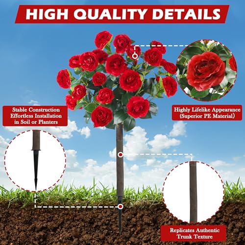 Sunnyglade 35.5" Set of 2 Artificial Camellia Tree, Faux Red Camellia Flowers Plant with Spike Fake Silk Flora Topiary Plants Tree for Indoor, Garden, Yard, Porch, Patio Decoration (Red) - color: Red