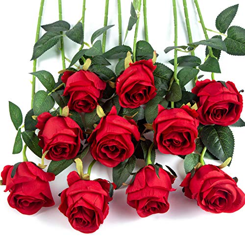 10pcs Artificial Rose Flowers Long Stem Fake Silk Roses for DIY Wedding Bouquet Table Centerpiece Home Decor,Red - color: Red