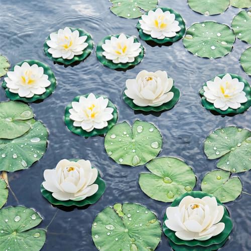 Suncalla 24 Pcs Artificial Floating Foam Lotus Flower with Water Lily Pad, 4", White Color Lifelike Ornament Home Garden Pond Decor Indian Decorations Return Gifts - color: White, size: 4"