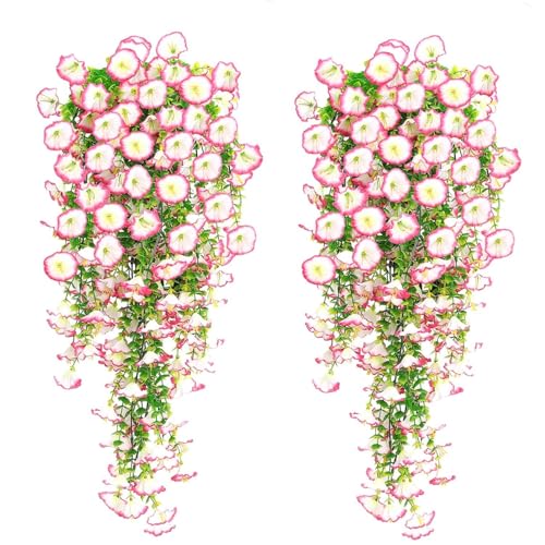 2 Sets of Hanging Flowers, Mixed Textile Morning Glory and Eucalyptus Leaves, UV-Resistant, Real Artificial Plants - color: Pink