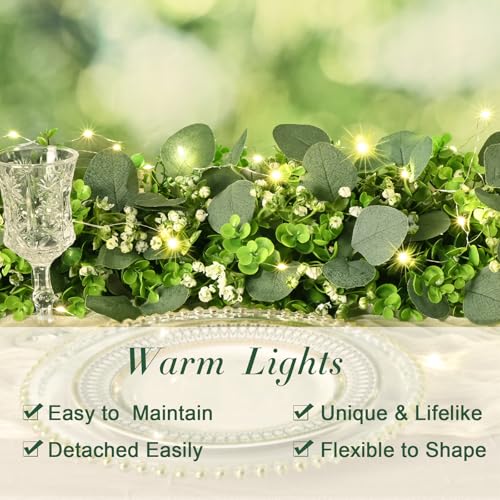 8Pcs Eucalyptus Garland with Lights, Greenery Garland, Green Garland with Flowers, 5.9FT Artificial Faux Eucalyptus Leaves Vines for Table Mantle Home Wedding Party Indoor Outdoor Decor（2 Long Lights） - color: Eucalyptus Garland With Lights, size: 8Pcs