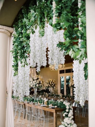 2PCS White Wisteria Hanging Flowers, 2.95ft Wisteria Garland with 5 Branches Realistic Silk Hanging Flowers for Decoration, Wedding Arch, Party Backdrop, and Home Wall Decor - color: White