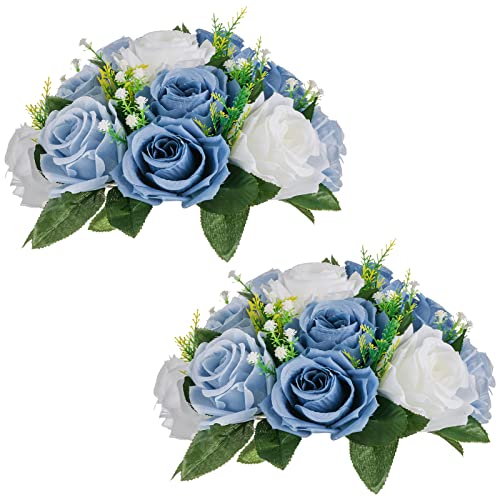 NUPTIO Flower Balls Table Centerpieces: Dusty Blue & White Fake Rose | 2 Pcs Artificial Floral Bouquet Arrangement for Wedding Bridal Shower Birthday Party Decor - color: Dusty Blue & White, size: 2 Pcs