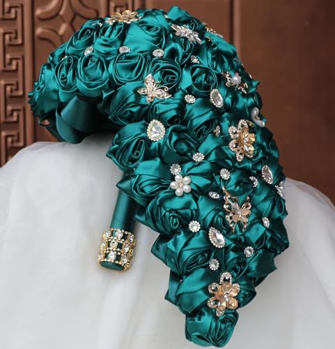 Luxury Cascade Bridal Wedding Bouquet Satin Rose Waterfall Holding Bouquet Artificial Flower Bunch for Bride Bridesmaid(Dark Green, 15" x 7.5") - color: Dark Green #3, size: 15"L x 7.5"W(38cm x 19cm)