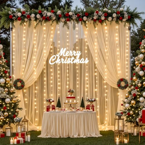 Champagne Backdrop Curtains with Lights String for Wedding Parties 10×10ft Sheer Tulle Backdrop Curtain for Bridal Shower Baby Shower Birthday Party Photo Shoot Decorations 2 Panels 5×10ft - color: Champagne, size: 10 ft X 10 ft(2 Panels 5ft X 10ft)