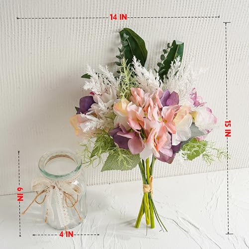 LUEUR Fake Flowers with Vase, Artificial Pink & Purple Hydrangea Arrangement, Spring Floral Centerpiece for Dining Table, Coffee Table & Farmhouse Home Decor Srping Decoration - color: Purple & Green