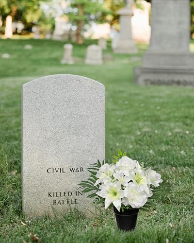 Hollyone Artificial Cemetery Flower for Graves, White Faux Lily Rose Flowers in Pot Silk Cemetery Memorial Flowers for Outdoors Gravesites Headstones Home Decoration - color: White-rose Lily