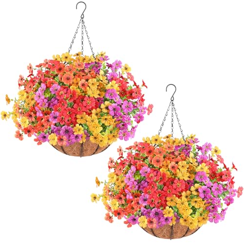 AGIRL 2 Set Artificial Hanging Flowers with Baskets for Outdoors,UV Resistant Fake Hanging Plants for Outdoor Porch Patio Garden, Realistic Silk Flowers for Spring Summer Home Decor - color: Red Purple Yellow Orange, size: 2PCS