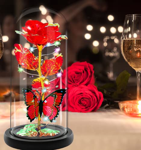 Mothers Day Rose Flower Gifts for Mom, Birthday Gifts for Women, Galaxy Crystal Light Up Rose Flowers in A Glass Dome, Mother Day Presents Wife Grandma Sister Her Mom from Daughter Butterfly Red - color: A-red