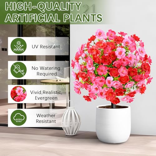 Waipfaru Set of 2 Artificial Boxwood Topiary with Colorful Flowers, 23" UV Resistant Fake Bushes Faux Outdoor Plants, Artificial Shrubs with Ground Spike for Outdoor Garden Front Porch(Red, Pink) - color: Red, Pink