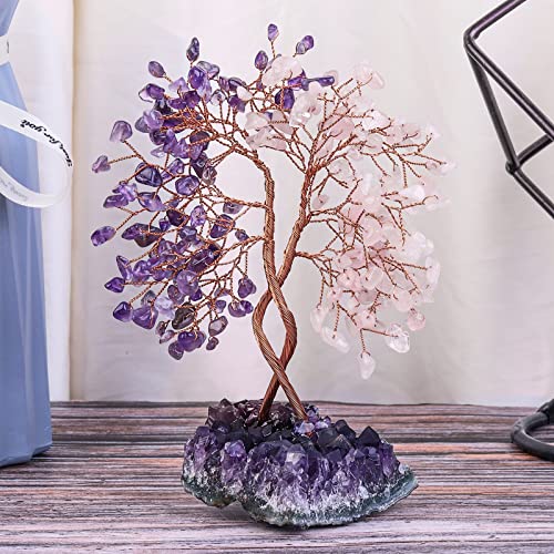 Healing Double Trunks Crystal Tree with Natural Amethyst Base, Feng Shui Money Bonsai with Positive Energy Wedding Home Decor for Wealth and Luck, Amethyst & Rose Quartz - color: Purple&pink