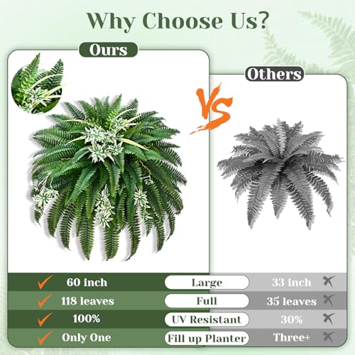 Livole 2 Pcs 60" 2-in-1 Fake Ferns with Spider Plant, Artificial Ferns for Outdoors Large Faux Boston Fern with 118 Branches Realistic UV Resistant for Planter Indoor Home Garden Porch Hanging Decor - size: 60"-118 Branches-2 Pcs