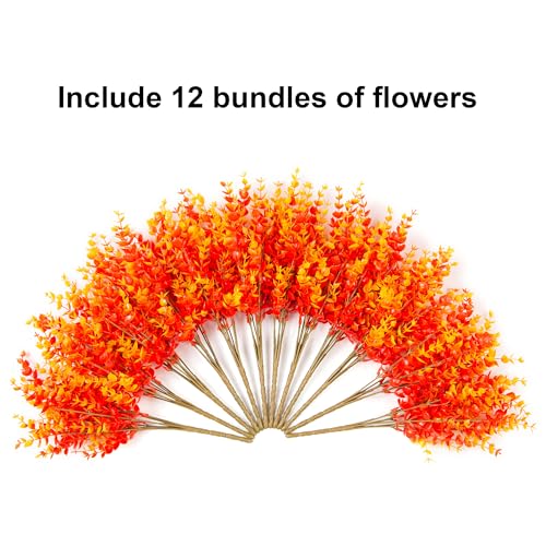 Artificial Fake Fall Autumn Eucalyptus Plants Flowers for Outdoor Outside Decoration, Faux Silk Orange Boxwood Look Real UV Resistant for Home Porch Patio Planter Decor，12 Bundles - color: Orange Eucalyptus