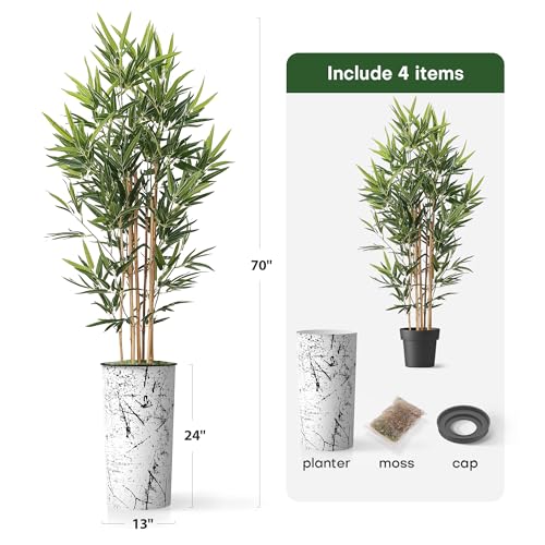 Artificial Tree in Abstract Ink Planter, Fake Bamboo Silk Tree for Indoor and Outdoor Home Decoration - 70" Overall Tall (Plant Pot Plus Tree) - style: Bamboo