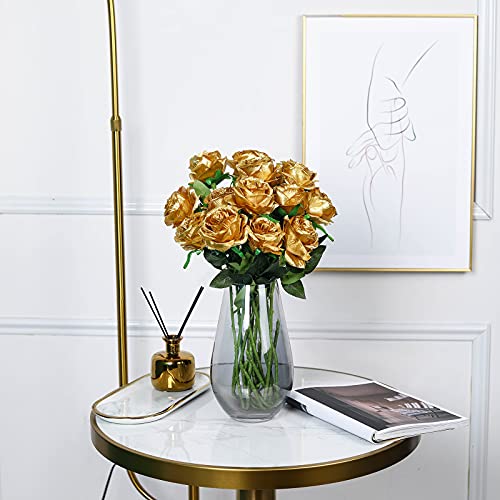 Nubry Artificial Silk Rose Flower Bouquet Lifelike Fake Rose for Wedding Home Party Decoration Event Gift 10pcs (Gold) - color: Gold
