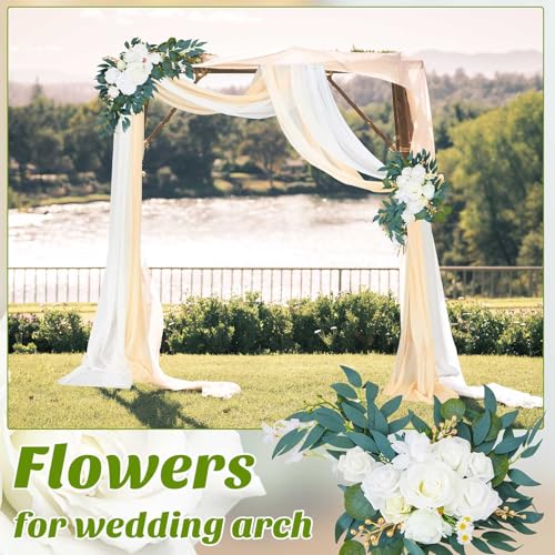 Thiccywoov 4 Pcs Wedding Arch Flowers and Drape Kit Include 2 Artificial Floral Swag and 2 White Chiffon Drapes, Faux Flower Set for DIY Wedding Party Reception Ceremony Backdrop Rose Decoration - color: Beige