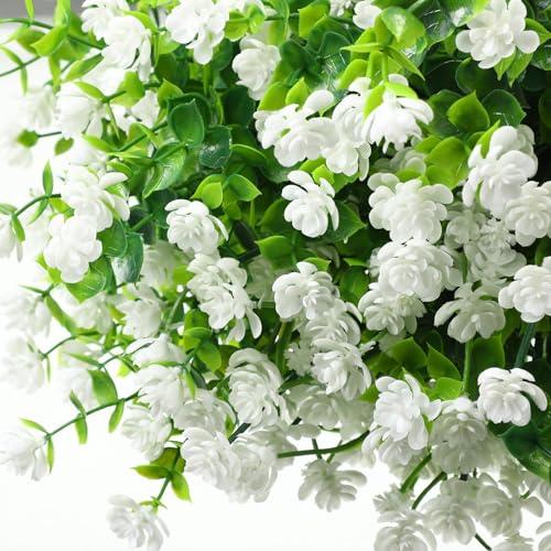 WILLBOND 12 Bundles Artificial Flowers Outdoor, UV Resistant Faux Artificial Plants Shrubs Plastic Flower Bulk for Hanging Planter Porch Window Home Spring Summer Decor(White) - color: White
