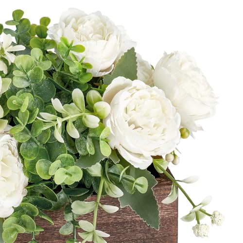 Dahey Centerpiece Table Decorations for Dining Room Farmhouse Living Room Wood Tray with 3 Artificial Flowers and 2 Eucalyptus for Kitchen Table, 14.1" x 4.7" x 3.1", White - color: White