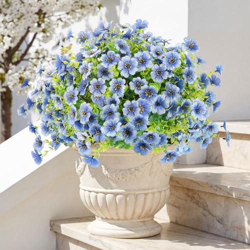ATTGREAT Artificial Flowers Outdoors Faux Plants UV Resistant Fake Flowers Daisy 12 Bundles Plastic Greenery Plnats Outside for Garden Planter Patio Porch Spring Summer Home Home Decor, Blue - color: Blue, size: 12PCS