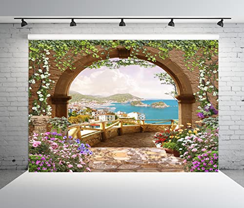 BELECO 12x10ft Fabric Mediterranean Garden Terrace Backdrop Romantic Arch Gate with Green Leaves Vine Blooming Flowers Italian Coast Background Birthday Wedding Party Shoot Studio Photo Props - size: 12x10FT