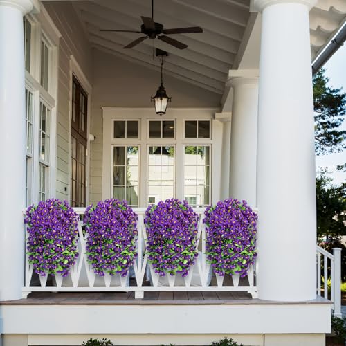 Artificial Hanging Flowers for Outdoors, 2 Pack Purple Silk Morning Glory Fake Flowers UV Resistant Faux Petunias Hanging Artificial Plants Trailing Vines for Porch Garden Spring Summer Planter Decor - color: Purple