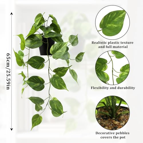 Fake Pothos Hanging Plants – Artificial Plastic Ivy Vines with Pots, Realistic Faux Greenery for Indoor Home Office Bathroom Shelf Cabinet Tabletop Decoration - color: Green