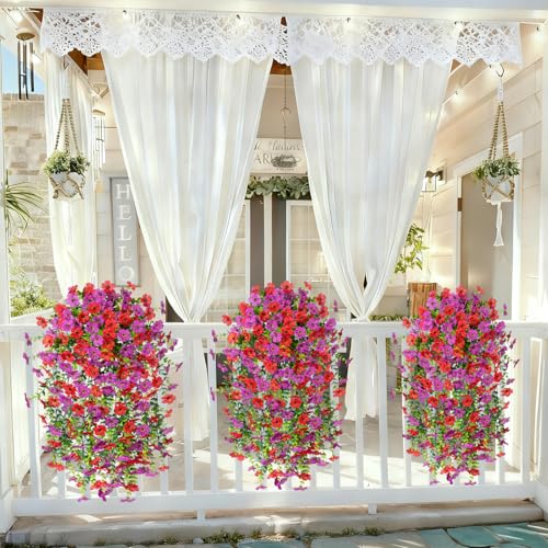 Hrobek 4 PCS Artificial Hanging Plants Flowers for Outdoor Srpring Summer Decoration, Fake Realistic Daisy Eucalyptus for Outdoors, Faux Plastic Greenery Long Vine Indoor Wall Patio Porch Decor - color: A-red Purple