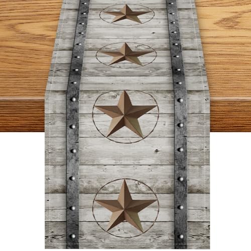 Western Texas Table Runner, Rustic Farmhouse Golden Star Wooden Barn Plank Cowboy Country Coffee Table Center Decor for Family Kitchen Outdoor Farmhouse Holiday Party Table Decorations, 13"x36" - color: Texas-2, size: 13“ X 36"