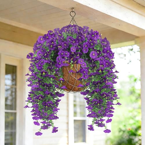 Artificial Hanging Flowers for Outdoors, 4Pcs UV Resistant Artificial Hanging Morning Glory Flowers, Spring Realistic Faux Outdoor Flower for Porch Patio Yard Garden Farmhouse Decor (Purple) - color: Purple