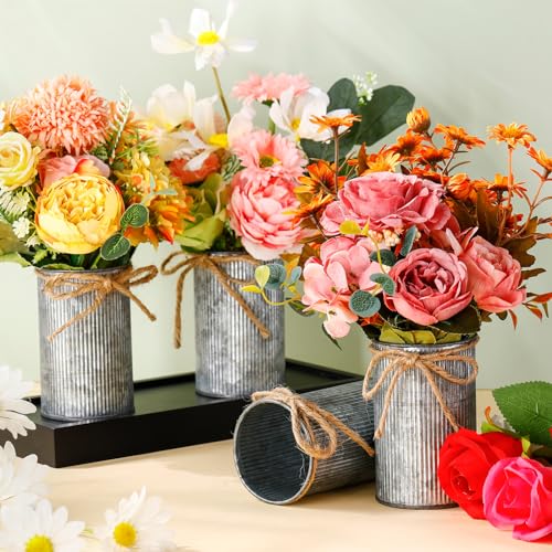 Rustic Vase for Table Centerpieces 4.33 Inch Small Petite Flower Vase with Twine Bow Vintage Farmhouse Decor for Wedding Reception Dining, Home Galvanized Metal Buckets(Iron Color,12 Pcs) - color: Iron Color